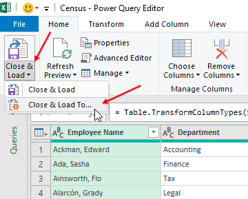В редакторе Power Query на вкладке 'Главная' первая кнопка — 'Закрыть и загрузить'. Нижняя часть кнопки — раскрывающееся меню. Выберите 'Закрыть и загрузить в...', чтобы открыть диалоговое окно 'Импорт данных'.