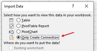 Первые четыре варианта в диалоговом окне 'Импорт данных': 'Таблица', 'Сводная таблица', 'Сводная диаграмма', 'Только создать подключение'. В данном случае выберите 'Только создать подключение'.