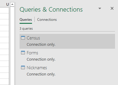 На панели 'Запросы и подключения' перечислены три запроса типа 'Только подключение': Census, Forms и Nicknames.
