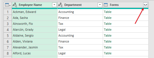 Результат в редакторе Power Query: три столбца. В столбце Forms в каждой строке указано 'Таблица'. Используйте значок развертывания справа от заголовка Forms, чтобы выбрать поля для отображения, например, Names и Forms Received Date.