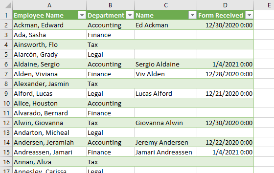 Результат сопоставления. Ed Ackman сопоставлен с Ackman, Edward. Несколько сотрудников все еще не сопоставлены.