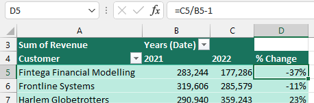 Формула для расчета процентного изменения: =C5/B5-1.