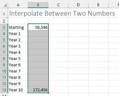 Начальное значение 58K находится в ячейке B3. Конечное значение 172K — в B13. Ячейки с B4 по B12 пустые. Для их заполнения линейной интерполяцией выделите диапазон от B3 до B13.