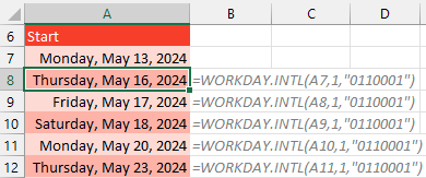 Генерация расписания с помощью WORKDAY.INTL. Формула создает список дат, следующих друг за другом только по рабочим дням графика.