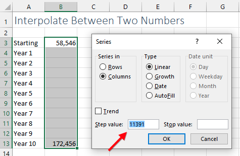 Диалоговое окно «Прогрессия». Значение шага уже заполнено числом 11391, которое точно соответствует линейному интервалу между начальным и конечным значениями.