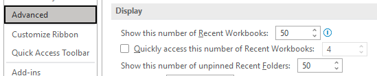 В меню Файл, Параметры, Дополнительно, прокрутите до раздела Отображение. Выберите 50 для параметра 'Число последних документов'. Установите флажок рядом с 'Быстрый доступ к этому числу последних документов'.