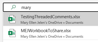 Введите 'Mary' в строку поиска в верхней части экрана Файл, Открыть. Excel находит три файла, которыми поделилась Mary Ellen.
