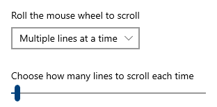 Настройка в Панели управления под названием 'Прокручивать при вращении колесика мыши' изначально установлена на 'Несколько строк за раз'. Следующая настройка — 'Выбрать, сколько строк прокручивать за один раз'.