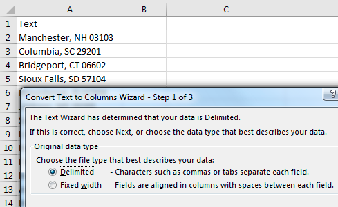 Город, штат и индекс в столбце A. С выбранными данными выберите Данные, Текст по столбцам. В шаге 1 мастера выберите С разделителями вместо Фиксированной ширины.