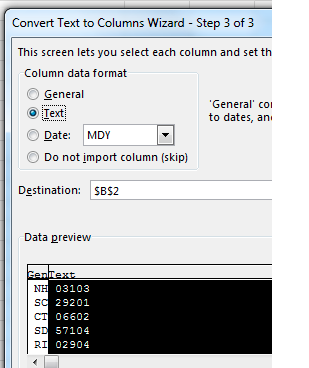 Все еще в шаге 3 мастера, выберите заголовок для второго столбца и укажите, что почтовые индексы должны быть в формате Текст.