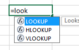 Ввод =look в ячейке. Автозаполнение предлагает все функции, содержащие LOOK, включая LOOKUP, HLOOKUP, VLOOKUP.