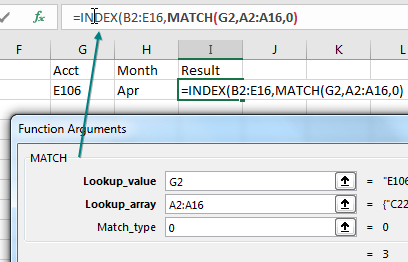 После заполнения трех аргументов для MATCH, чтобы вернуться к INDEX, нужно кликнуть на слове INDEX в строке формул.