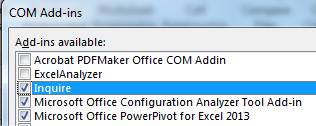 В диалоговом окне «Надстройки COM» инструмент Inquire находится в списке, но не активирован. Установите флажок рядом с Inquire, чтобы загрузить его.
