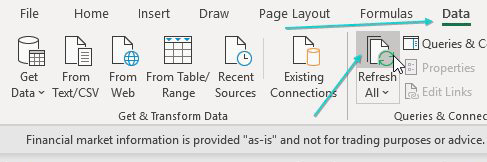 Чтобы принудительно обновить цену акций, используйте значок Обновить все на вкладке Данные.