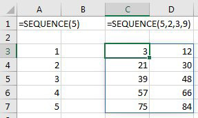 =SEQUENCE(5) возвращает числа от 1 до 5 в столбце. =SEQUENCE(5,2,3,9) возвращает 5 строк и 2 столбца, начиная с 3, с шагом 9. Результат второй формулы: 3 и 12 в первой строке, 21 и 30 во второй и так далее.