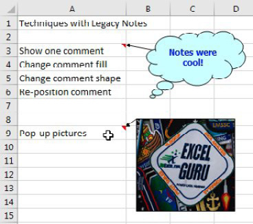 Показаны два примера старых заметок (с классическим красным треугольником). Можно постоянно отображать одну заметку. Можно изменить цвет заливки заметки. Можно изменить форму заметки (на изображении — облако вместо прямоугольника). Или можно заменить заливку заметки на изображение.