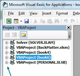 В окне проекта разверните VBAProject (PERSONAL.XLSB), нажав на плюс.