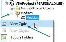 В личной книге макросов разверните папку Modules и откройте код Module1.