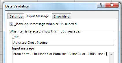 На вкладке 'Сообщение для ввода' проверки данных введите Заголовок и Сообщение для ввода.