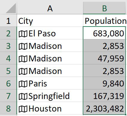 Если Эль-Пасо в A2, введите =A2.Population в B2, чтобы получить население 683,080. Скопируйте формулу вниз, чтобы увидеть население для каждого города.