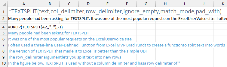 Синтаксис функции TEXTSPLIT: =TEXTSPLIT(текст, разделитель_столбцов, разделитель_строк, игнорировать_пустые, режим_сопоставления, заполнение). В примере используется разделитель строк в виде точки и пробела, что разбивает абзац на отдельные предложения в каждой строке.