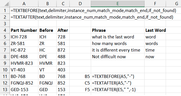 Пример извлечения частей артикула и последнего слова из фразы с помощью TEXTBEFORE и TEXTAFTER