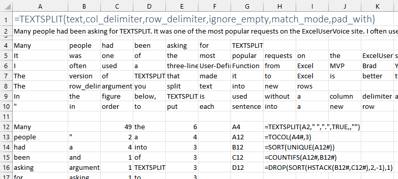 Абзац из семи предложений. Разделитель_строк разбивает абзац на 7 строк. Затем разделитель_столбцов разбивает каждую строку на несколько слов. Одно многословное предложение с 12 словами длиннее остальных. По умолчанию Excel вернёт 12 ячеек в каждой строке и заполнит более короткие предложения ошибками #Н/Д! для замены отсутствующих слов. Избегайте этой проблемы, используя Заполнение пустой строкой, например, 