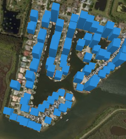 Вид сверху на район. Над каждым домом — столбчатая диаграмма, где высота столбца соответствует цене последней продажи.