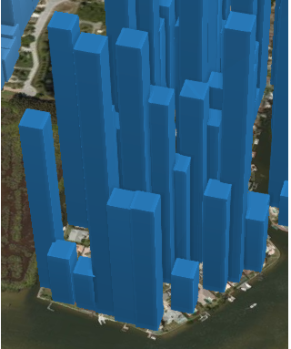 Вид сбоку на наклоненную карту. Высота каждого столбца, представляющего данные, видна отчетливо.