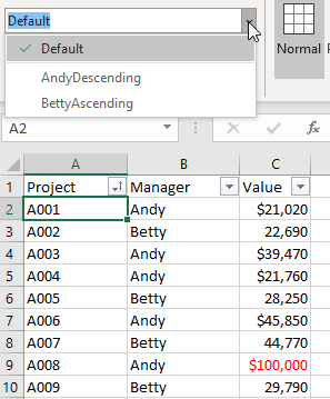 Используя раскрывающийся список в группе Представление листа, вы можете переключаться между именованными представлениями: Default, AndyAscending или BettyAscending.