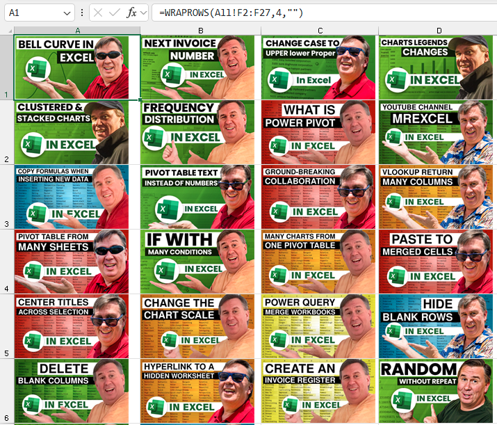 Длинный столбец изображений преобразуется в прямоугольный диапазон с помощью функций WRAPROWS или WRAPCOLS в Excel.