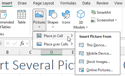 Лента Excel с опциями добавления изображения: Вставить в ячейку или Вставить поверх ячеек