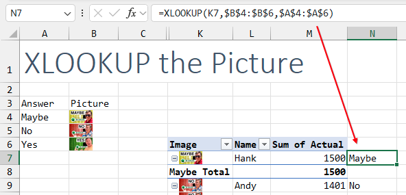 В этом примере искомое значение — изображение. XLOOKUP возвращает имя человека на картинке