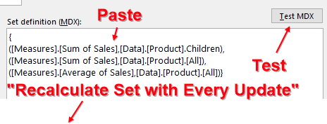 Окно определения набора MDX. В правом верхнем углу кнопка 'Проверить'. Внизу — опция 'Пересчитывать набор при каждом обновлении'.