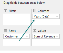 Перемещение поля 'Годы (Дата)' из строк в столбцы в панели полей сводной таблицы.
