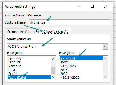 Настройка отображения значений как '% разницы от' в параметрах поля значений сводной таблицы.