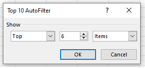 Диалоговое окно 'Топ-10 автофильтра' настроено на показ первых 6 элементов.