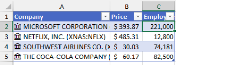 Для типа данных Акции можно возвращать Цену и Количество сотрудников.