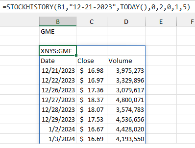 Пример формулы STOCKHISTORY, возвращающей дату, цену закрытия и объем для акции в ячейке B1.