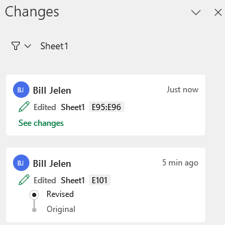 Панель изменений показывает, кто редактировал различные диапазоны, с опциями просмотра нового и старого значения.
