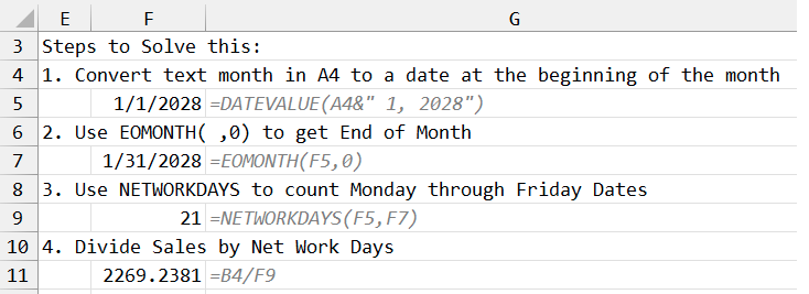 Шаг 1: Преобразовать месяц в дату начала месяца с помощью =DATEVALUE(A4&
