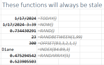Следующие волатильные функции всегда будут помечаться как устаревшие: СЕГОДНЯ, ТДАТА, СЛЧИС, СЛУЧМЕЖДУ, СМЕЩ, ИНДЕКС и МАССИВСЛЧИС.