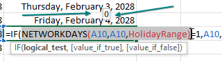 Формула редактируется в ячейке. Выделена часть NETWORKDAYS(A10,A10,HolidayRange). Над ячейкой появляется подсказка с результатом 0.