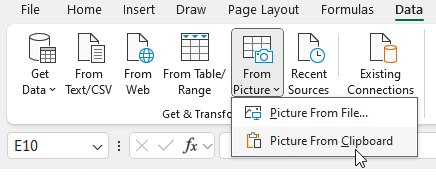 В группе Get & Transform Data откройте выпадающий список From Picture. Доступны варианты Picture From File или Picture From Clipboard. Выберите Picture from Clipboard.