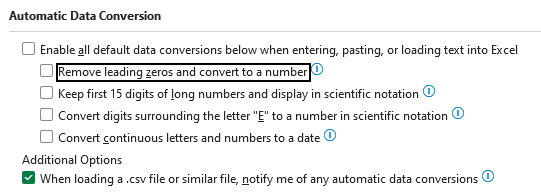 В категории Данные диалогового окна Параметры найдите раздел Автоматическое преобразование данных. Снимите выделение с Включить все преобразования данных по умолчанию ниже при вводе, вставке или загрузке текста в Excel.