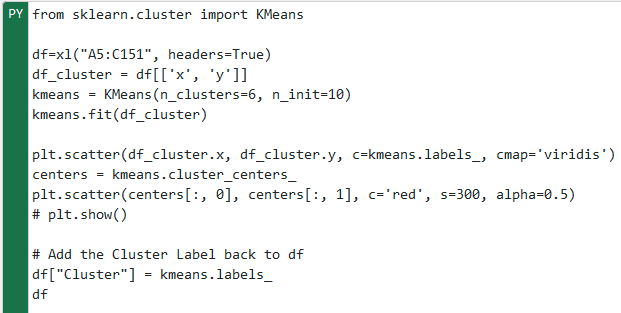 Пример кода Python для K-Means кластеризации в Excel.