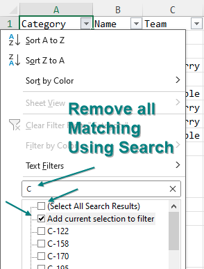 Чтобы удалить все совпадения, используя поле поиска в фильтре. Сначала найдите что-либо, например, 