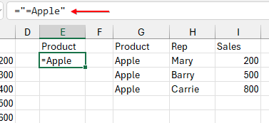 Диапазон критериев: заголовок «Product» в E1 и формула в E2. В строке формул отображается =