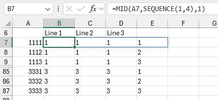 Формула =MID(A7,SEQUENCE(1,4),1) разбивает четырехзначное число на четыре столбца.