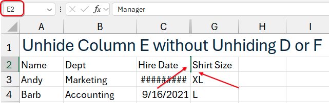 После использования F5 для перехода к E2, в строке имени отображается E2. Указатель ячейки превратился в зелёную вертикальную черту между C и G. В строке формул виден заголовок 'Manager'.